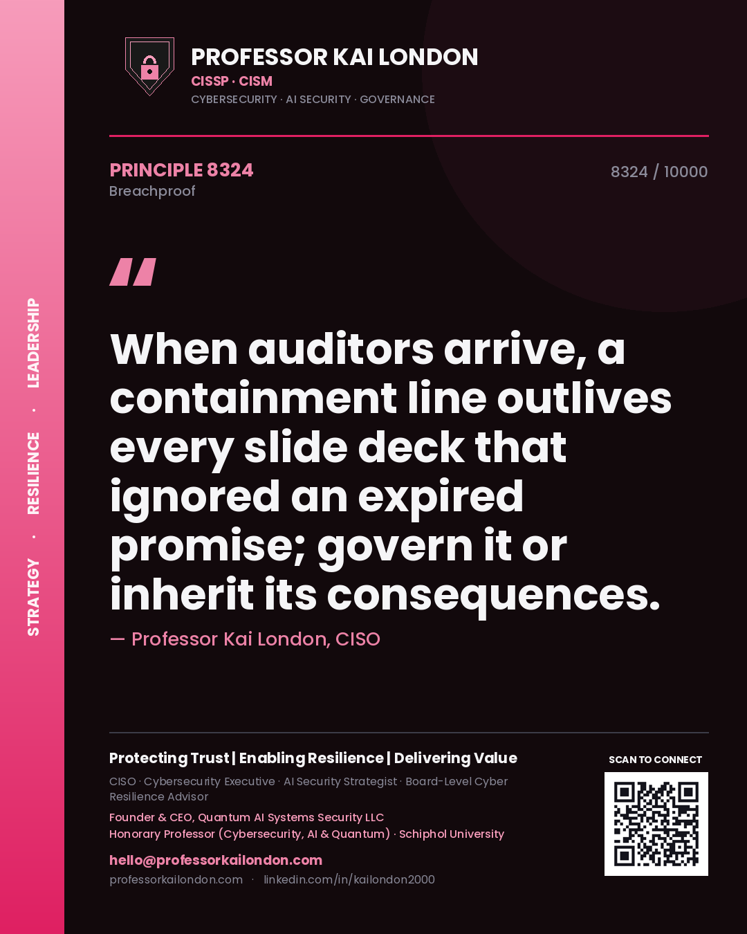 Professor Kai London principle 8324: When auditors arrive, a containment line outlives every slide deck that ignored an expired promise; govern it or inherit its consequences.