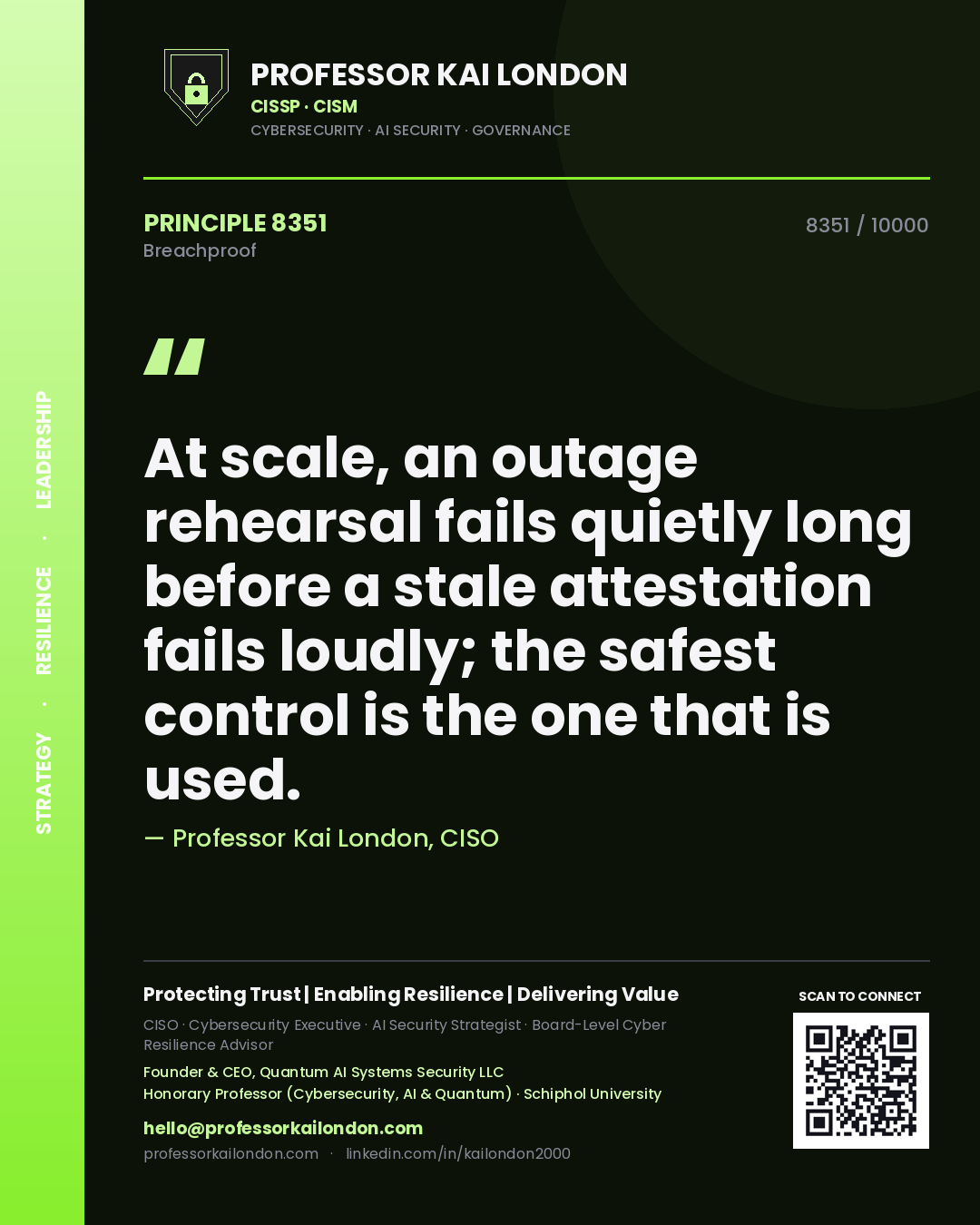 Professor Kai London principle 8351: At scale, an outage rehearsal fails quietly long before a stale attestation fails loudly; the safest control is the one that is used.