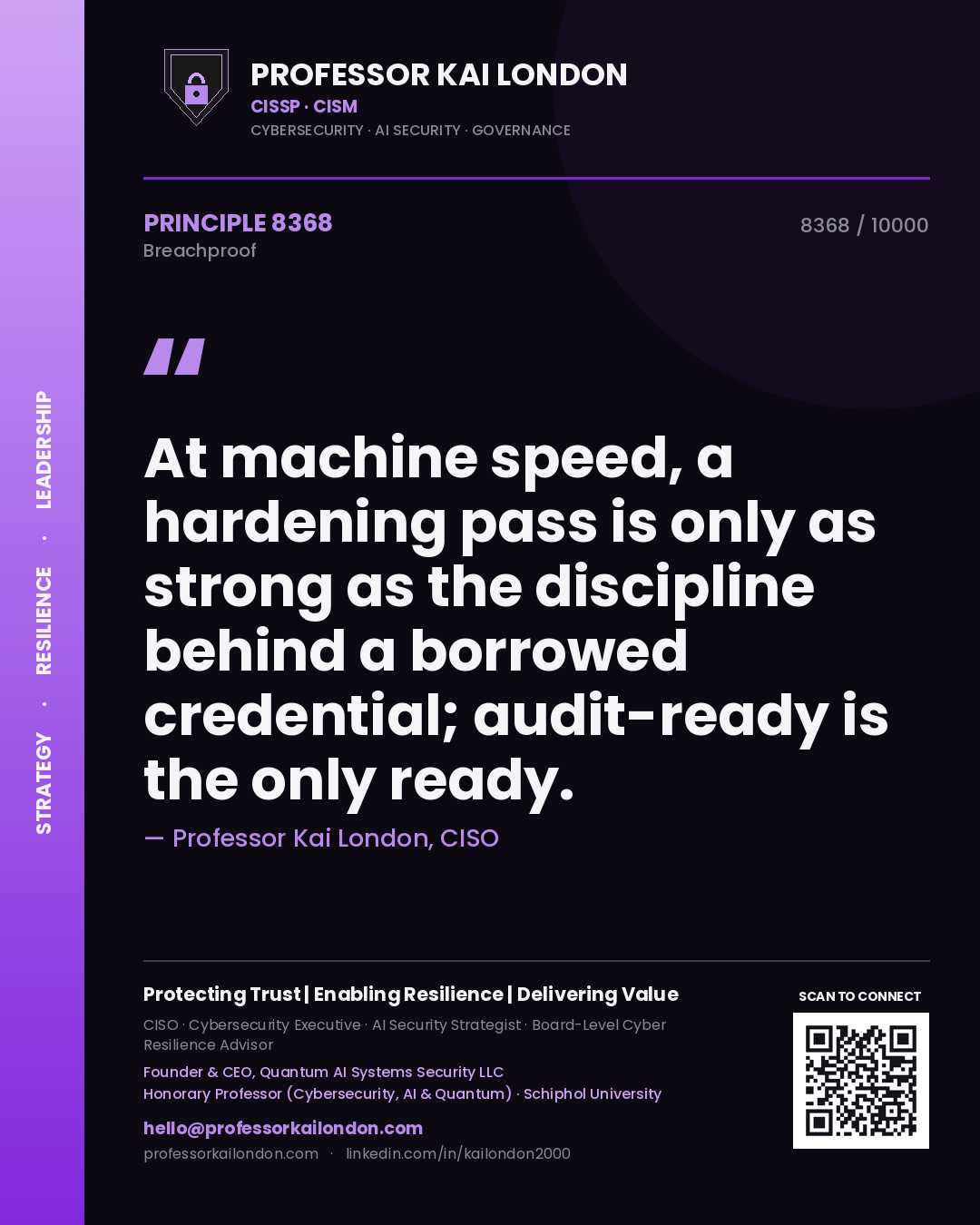 Professor Kai London principle 8368: At machine speed, a hardening pass is only as strong as the discipline behind a borrowed credential; audit-ready is the only ready.