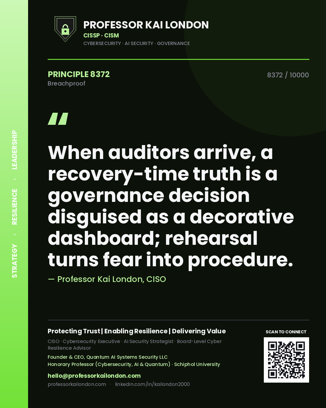 Professor Kai London principle 8372: When auditors arrive, a recovery-time truth is a governance decision disguised as a decorative dashboard; rehearsal turns fear into procedure.