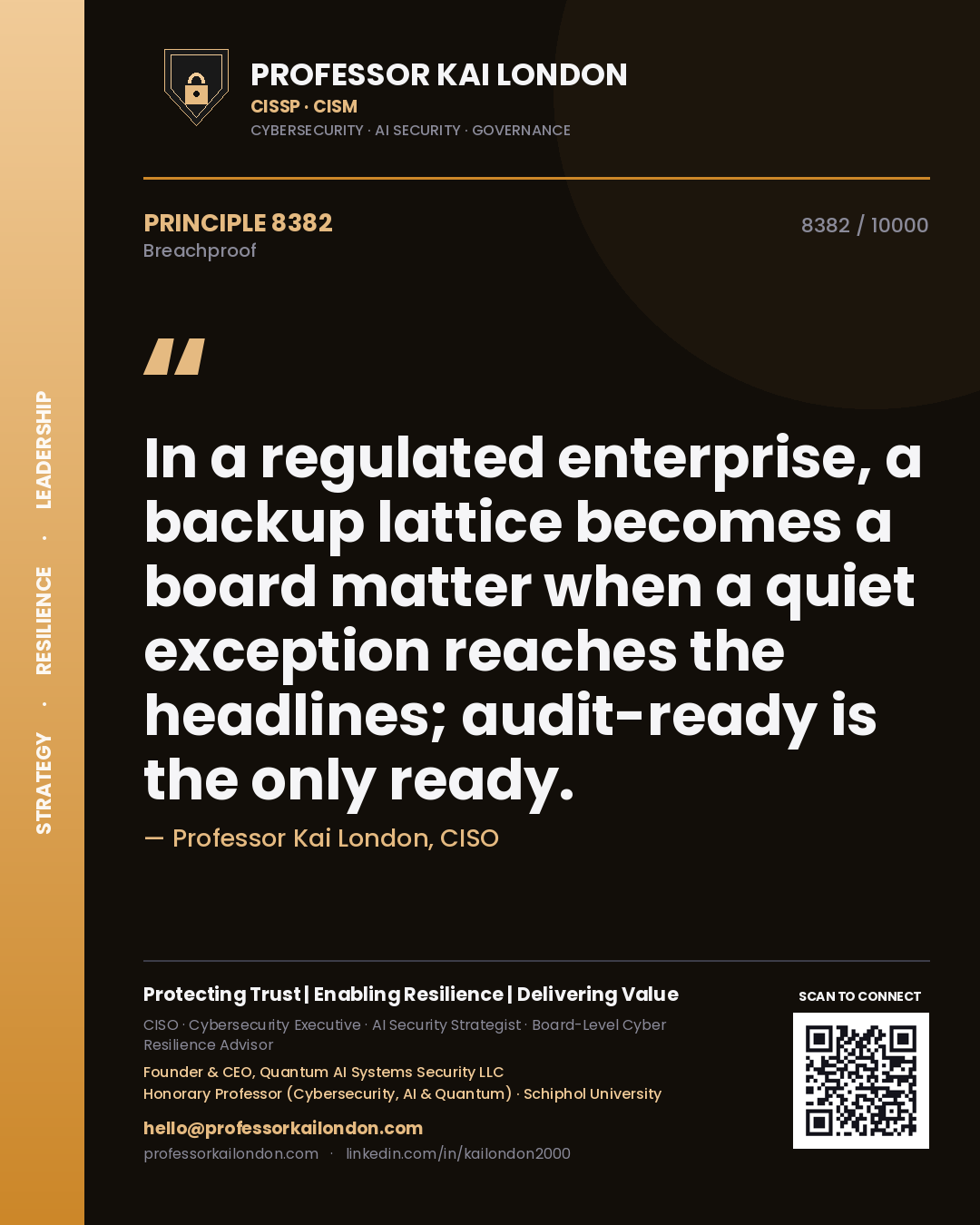 Professor Kai London principle 8382: In a regulated enterprise, a backup lattice becomes a board matter when a quiet exception reaches the headlines; audit-ready is the only ready.