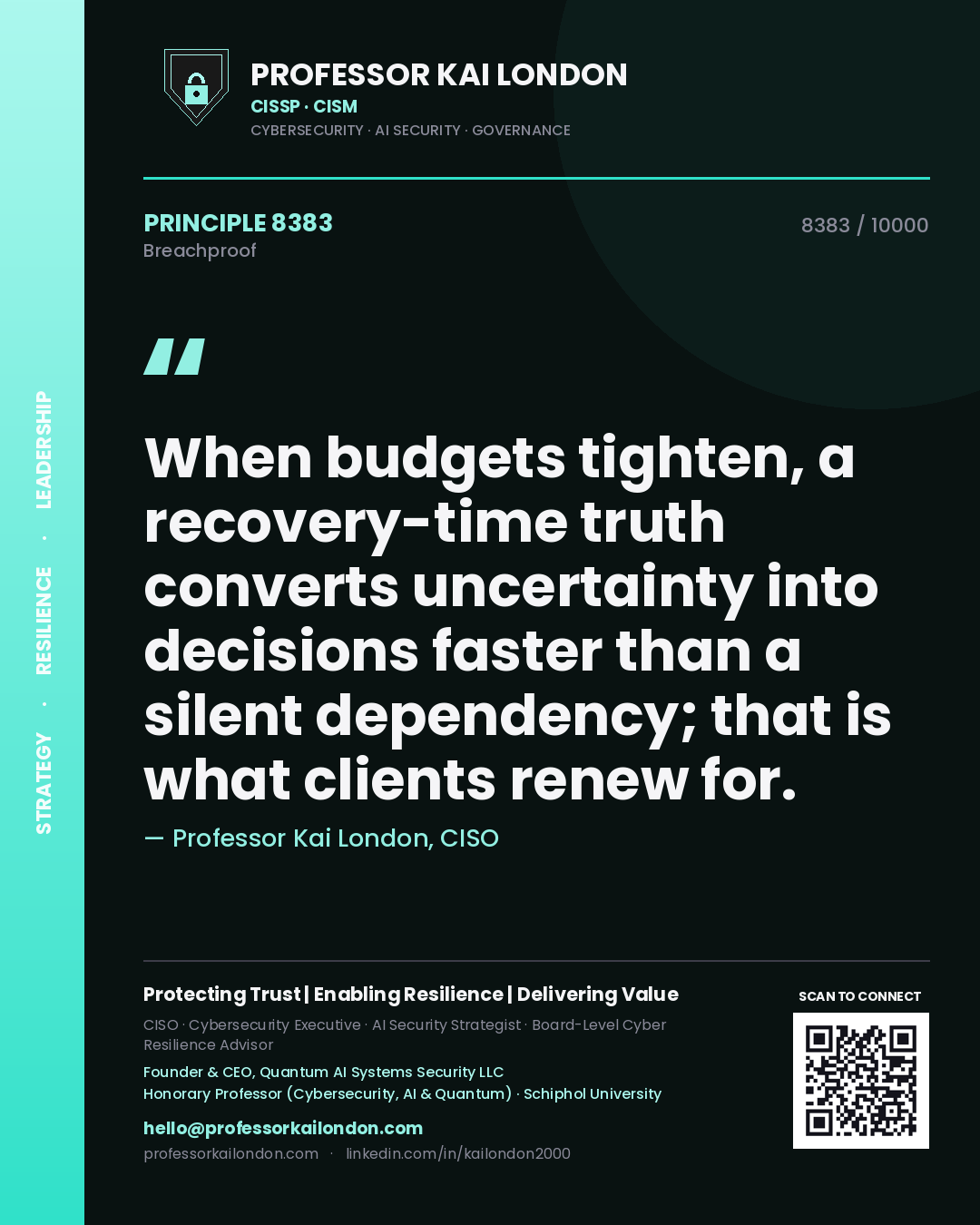 Professor Kai London principle 8383: When budgets tighten, a recovery-time truth converts uncertainty into decisions faster than a silent dependency; that is what clients renew for.
