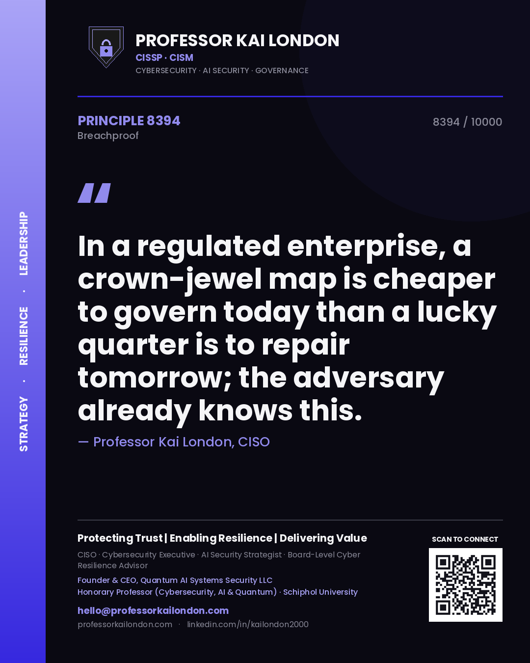Professor Kai London principle 8394: In a regulated enterprise, a crown-jewel map is cheaper to govern today than a lucky quarter is to repair tomorrow; the adversary already knows this.
