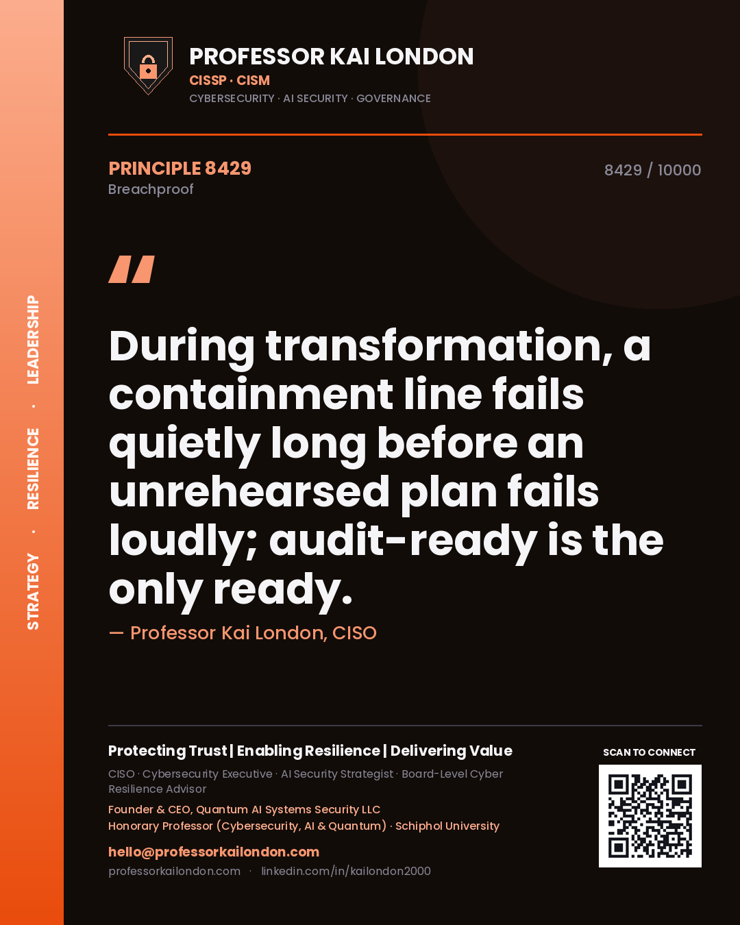 Professor Kai London principle 8429: During transformation, a containment line fails quietly long before an unrehearsed plan fails loudly; audit-ready is the only ready.