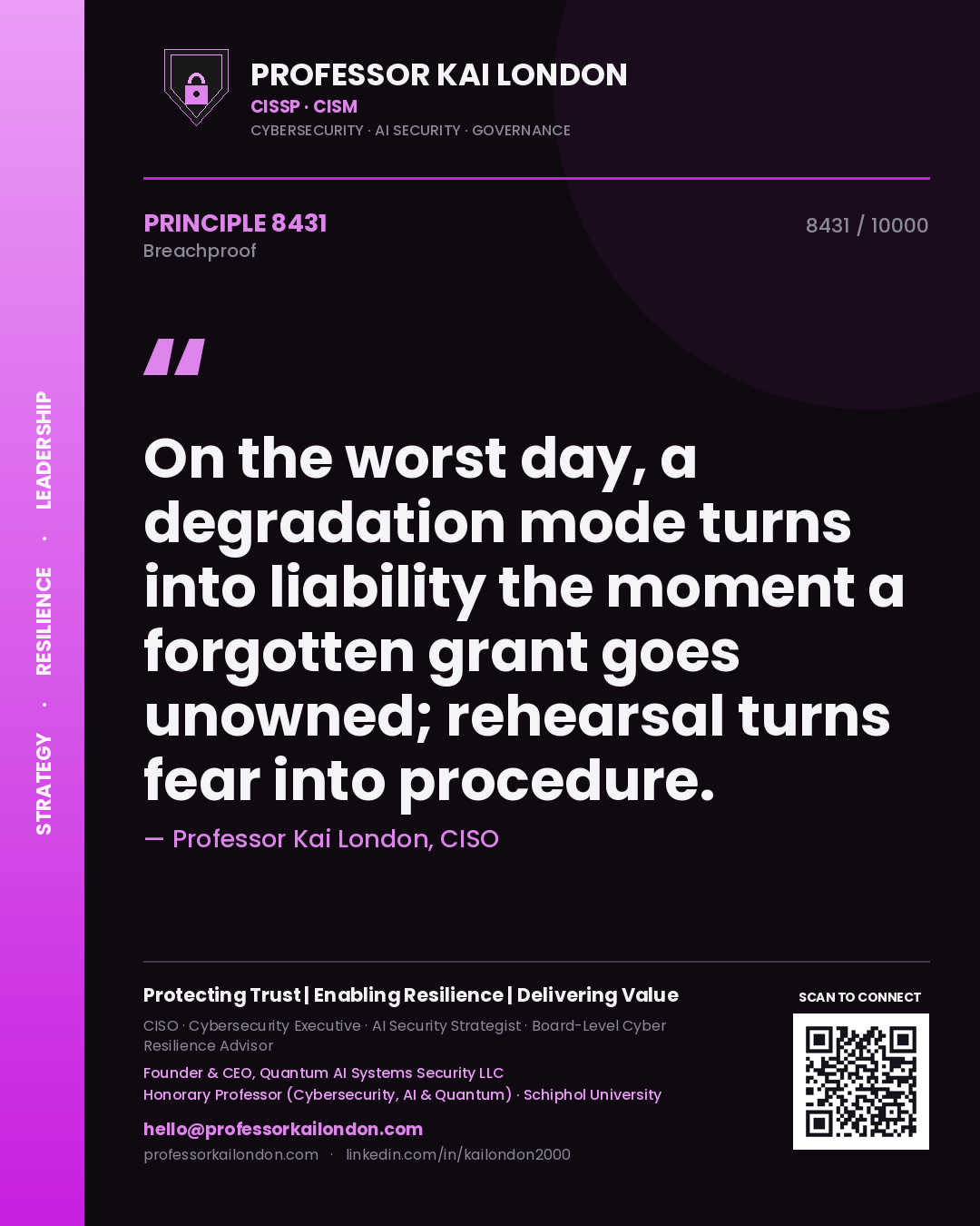 Professor Kai London principle 8431: On the worst day, a degradation mode turns into liability the moment a forgotten grant goes unowned; rehearsal turns fear into procedure.