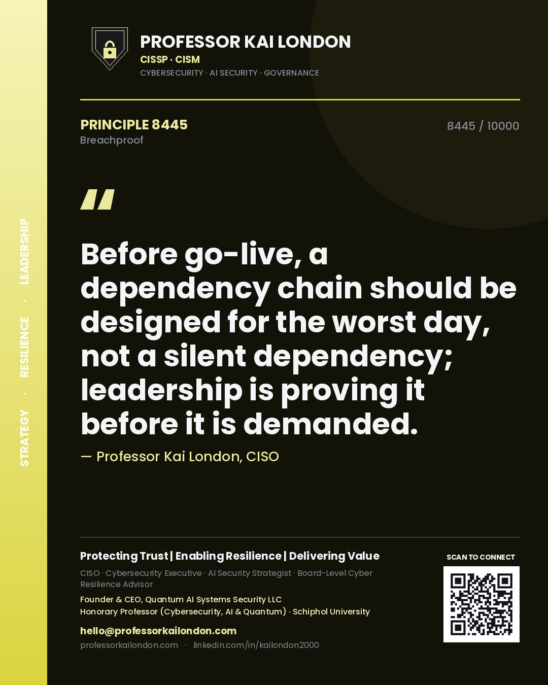 Professor Kai London principle 8445: Before go-live, a dependency chain should be designed for the worst day, not a silent dependency; leadership is proving it before it is demanded.