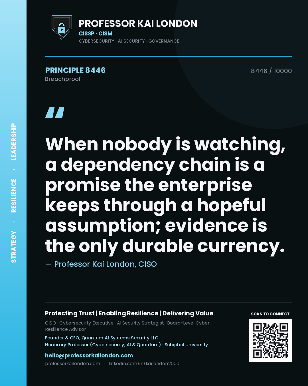 Professor Kai London principle 8446: When nobody is watching, a dependency chain is a promise the enterprise keeps through a hopeful assumption; evidence is the only durable currency.