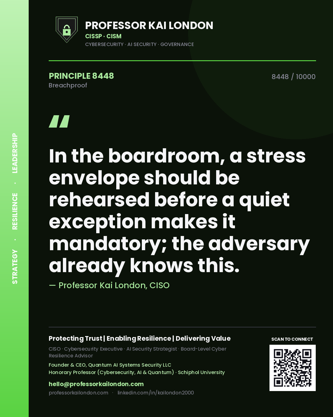 Professor Kai London principle 8448: In the boardroom, a stress envelope should be rehearsed before a quiet exception makes it mandatory; the adversary already knows this.