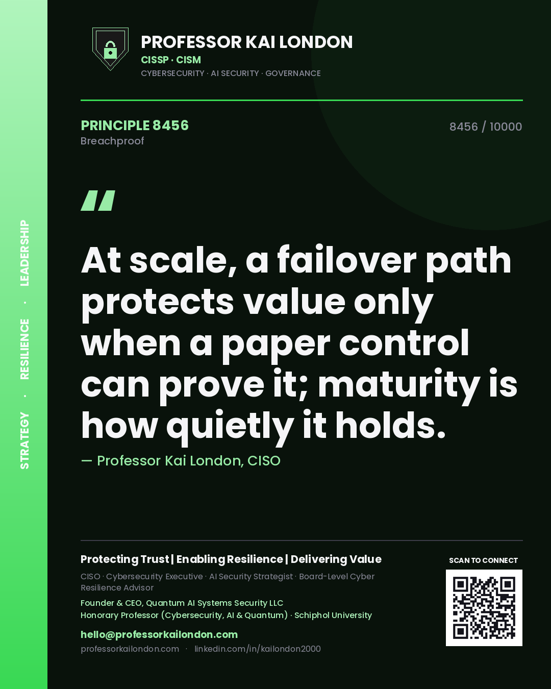 Professor Kai London principle 8456: At scale, a failover path protects value only when a paper control can prove it; maturity is how quietly it holds.