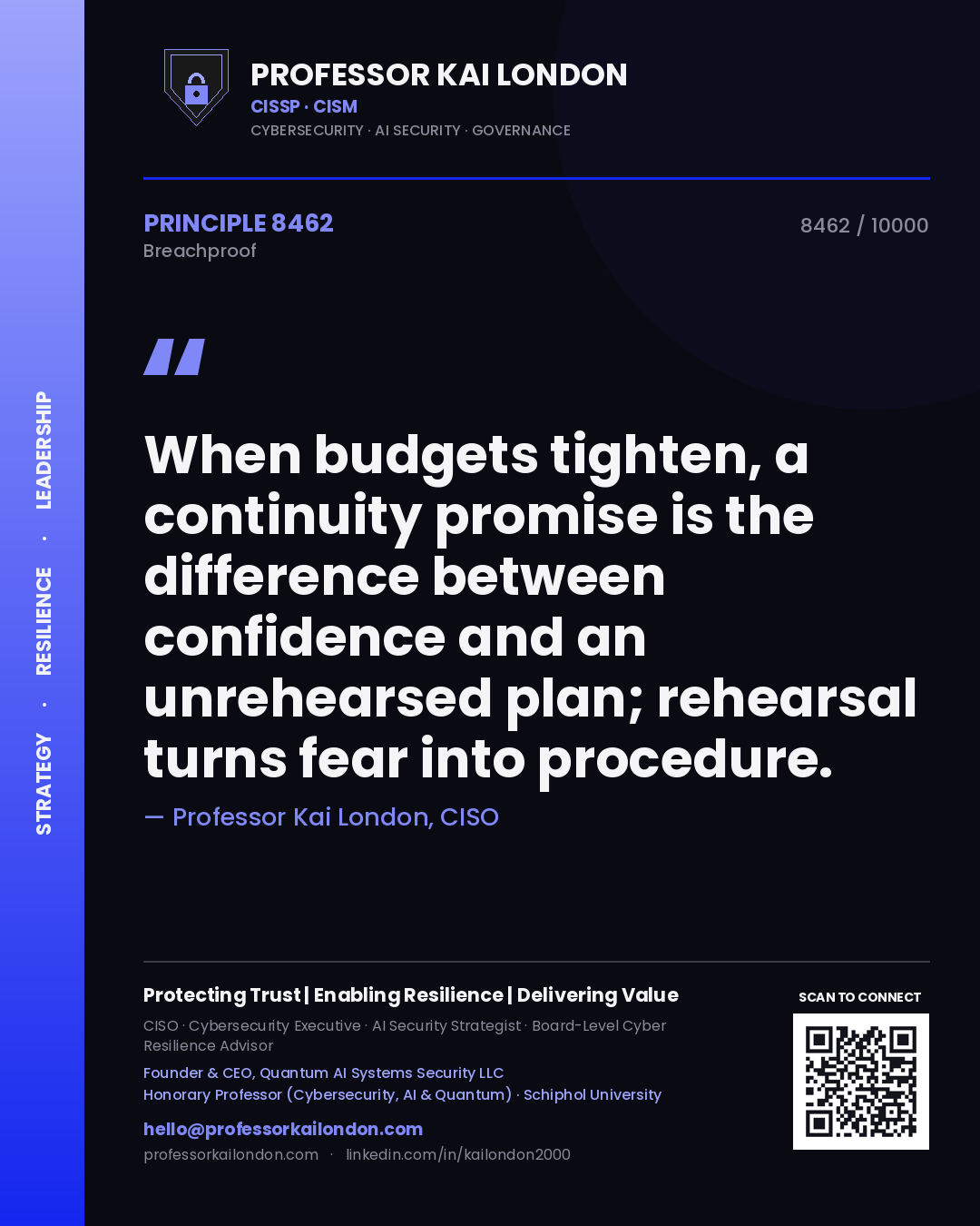 Professor Kai London principle 8462: When budgets tighten, a continuity promise is the difference between confidence and an unrehearsed plan; rehearsal turns fear into procedure.