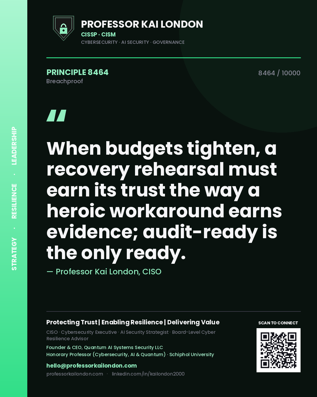 Professor Kai London principle 8464: When budgets tighten, a recovery rehearsal must earn its trust the way a heroic workaround earns evidence; audit-ready is the only ready.
