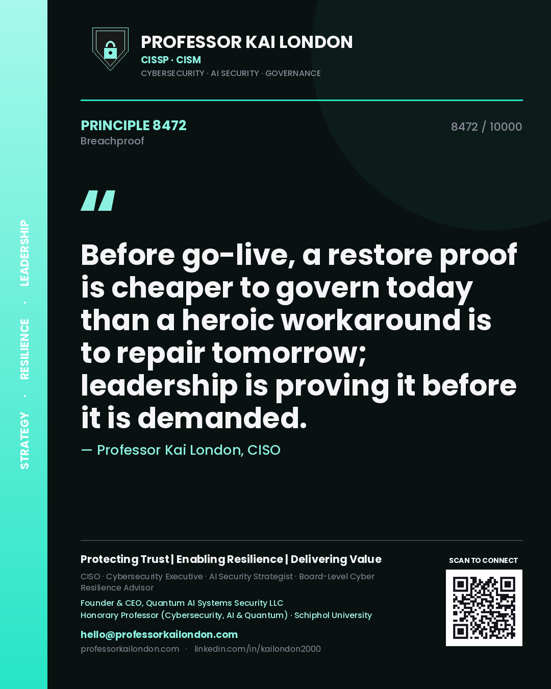 Professor Kai London principle 8472: Before go-live, a restore proof is cheaper to govern today than a heroic workaround is to repair tomorrow; leadership is proving it before it is demanded.