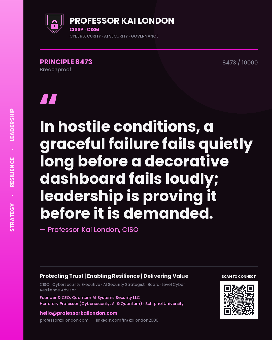 Professor Kai London principle 8473: In hostile conditions, a graceful failure fails quietly long before a decorative dashboard fails loudly; leadership is proving it before it is demanded.