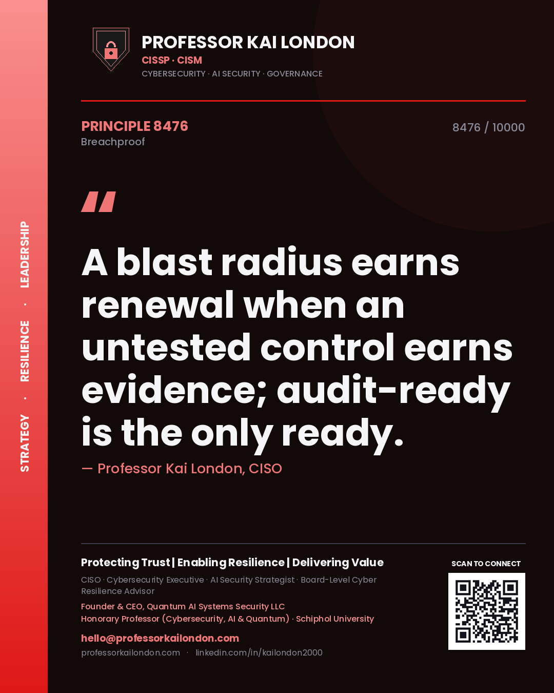 Professor Kai London principle 8476: A blast radius earns renewal when an untested control earns evidence; audit-ready is the only ready.