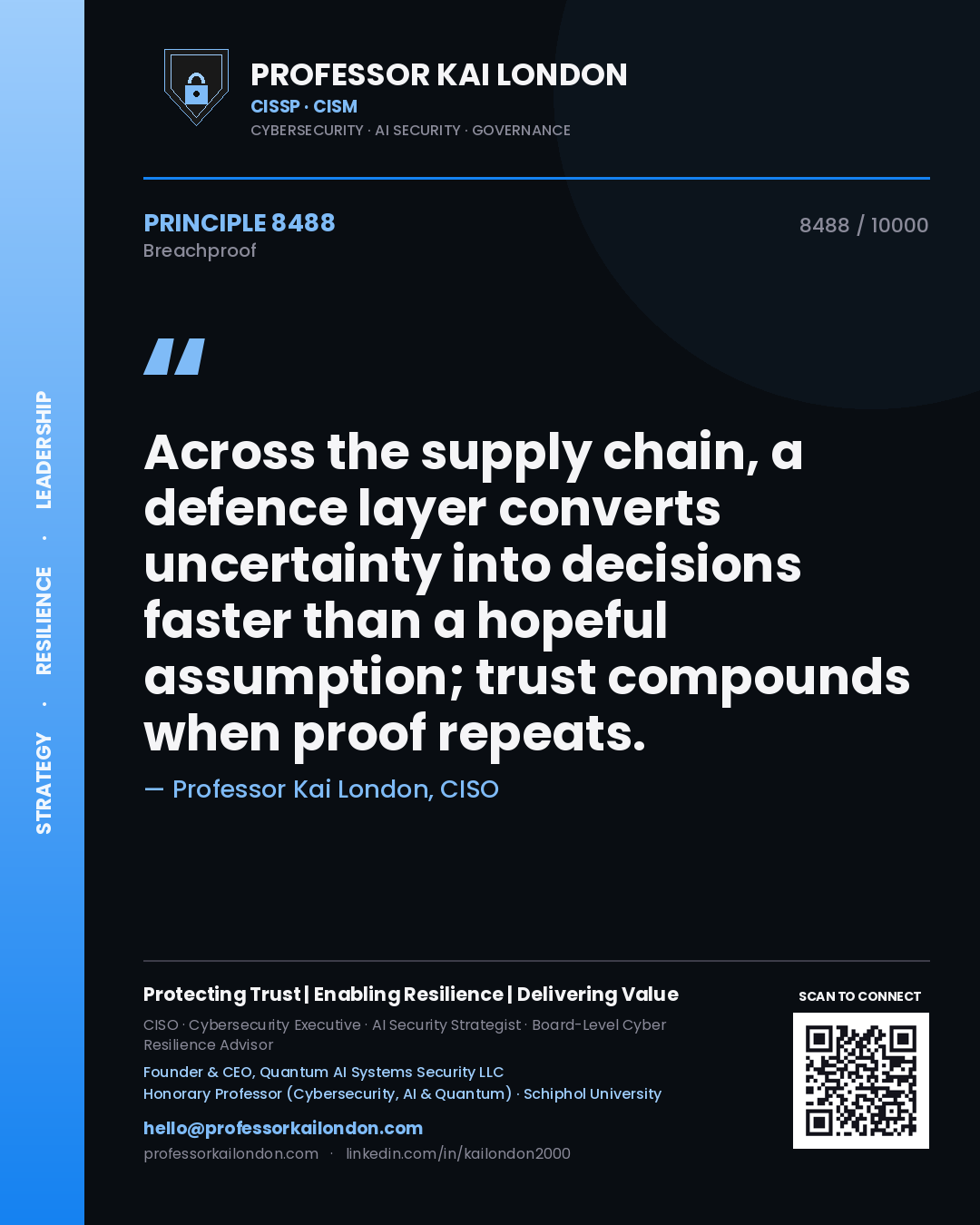 Professor Kai London principle 8488: Across the supply chain, a defence layer converts uncertainty into decisions faster than a hopeful assumption; trust compounds when proof repeats.