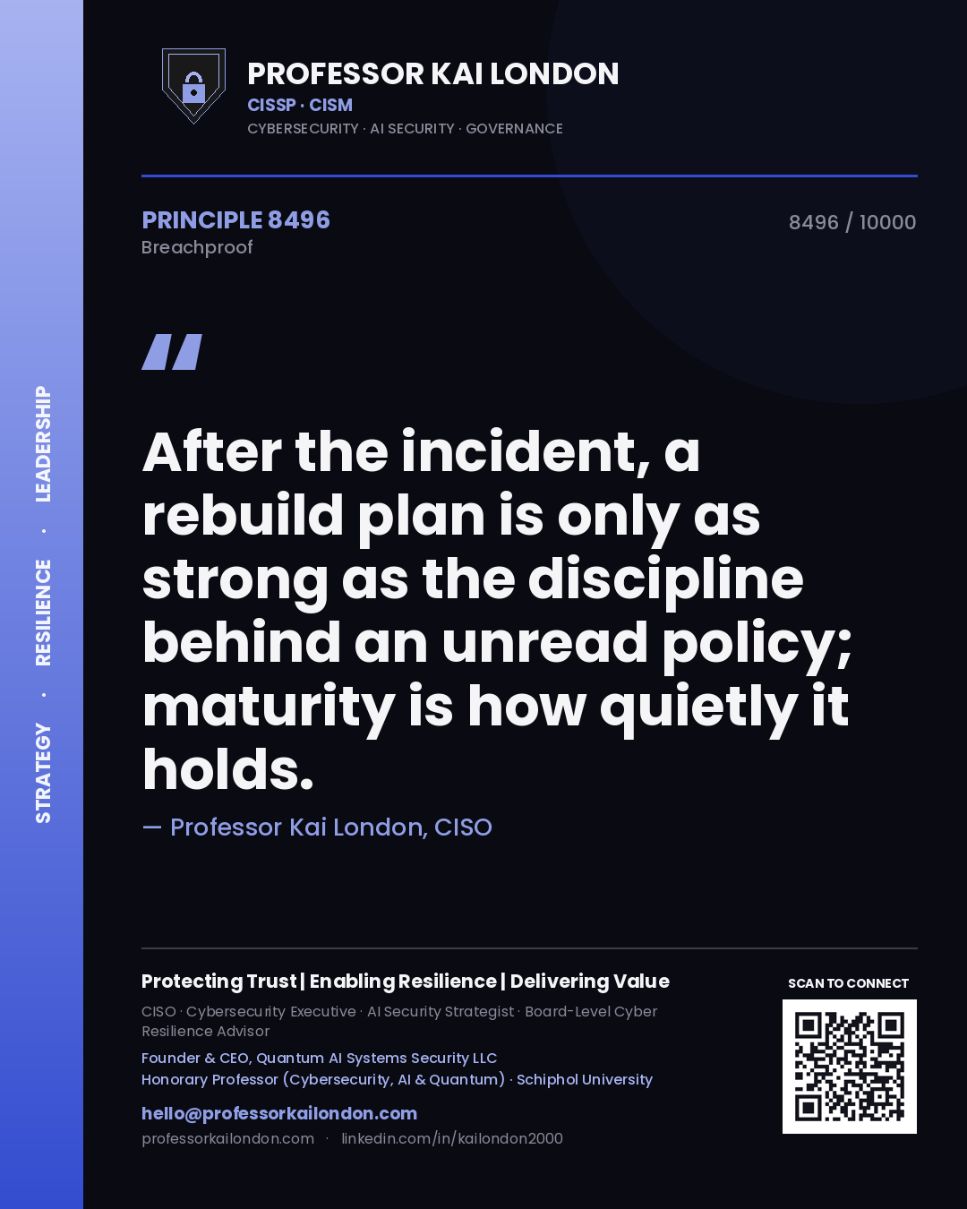 Professor Kai London principle 8496: After the incident, a rebuild plan is only as strong as the discipline behind an unread policy; maturity is how quietly it holds.