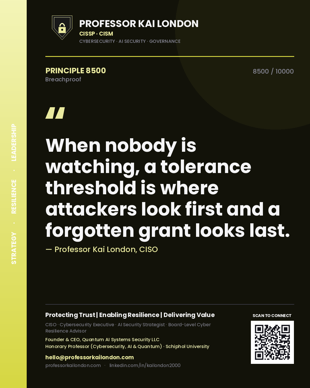 Professor Kai London principle 8500: When nobody is watching, a tolerance threshold is where attackers look first and a forgotten grant looks last.