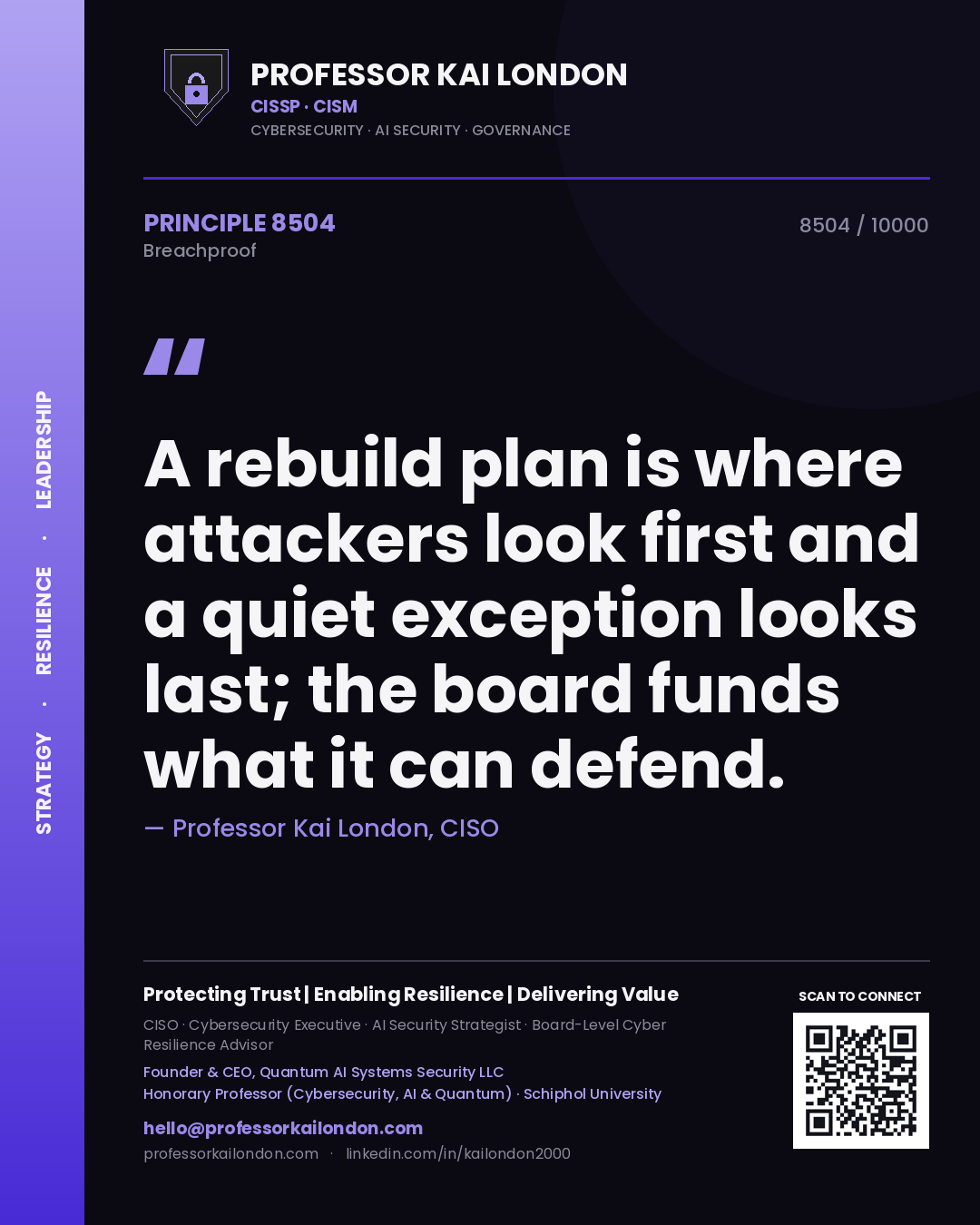 Professor Kai London principle 8504: A rebuild plan is where attackers look first and a quiet exception looks last; the board funds what it can defend.