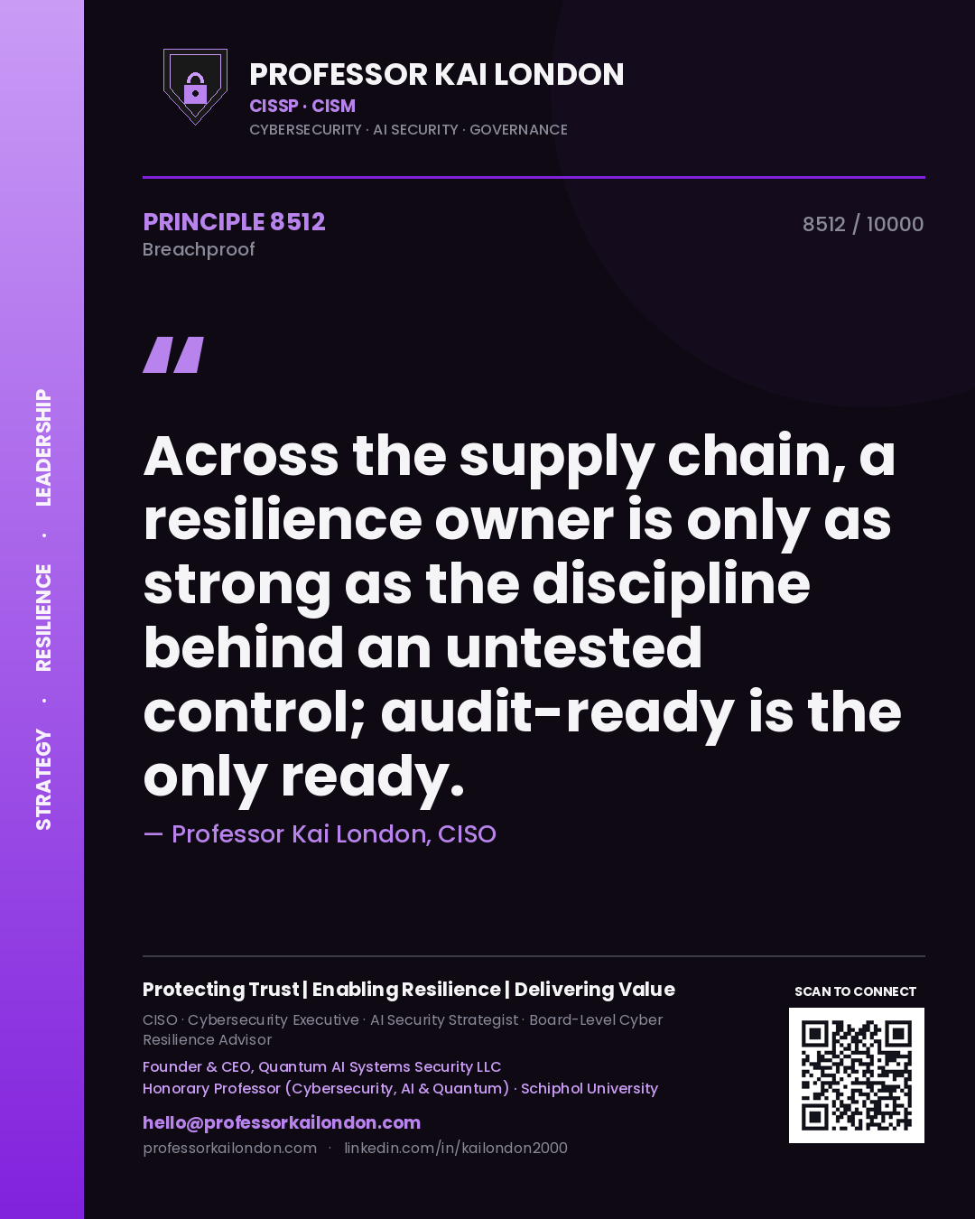 Professor Kai London principle 8512: Across the supply chain, a resilience owner is only as strong as the discipline behind an untested control; audit-ready is the only ready.