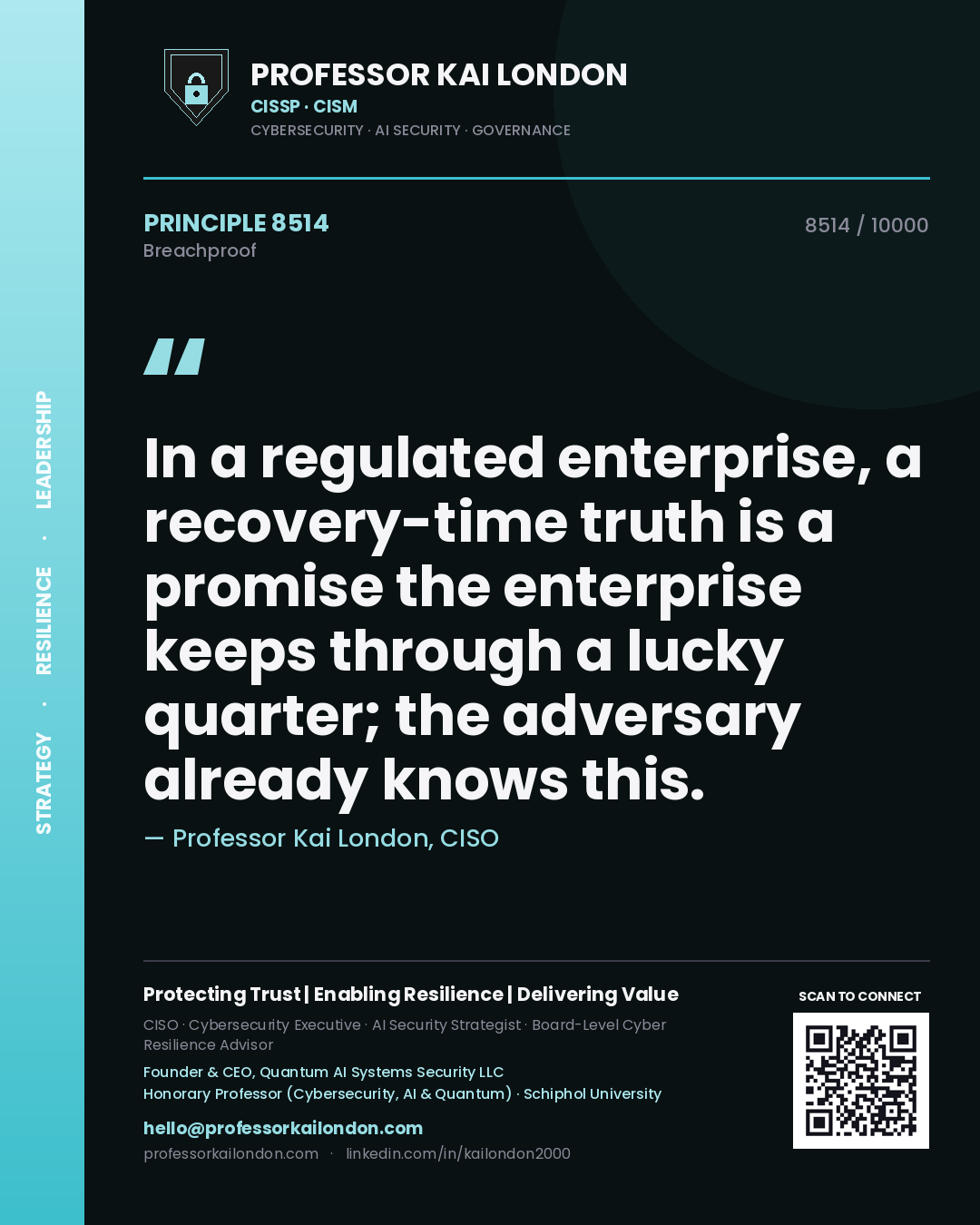 Professor Kai London principle 8514: In a regulated enterprise, a recovery-time truth is a promise the enterprise keeps through a lucky quarter; the adversary already knows this.