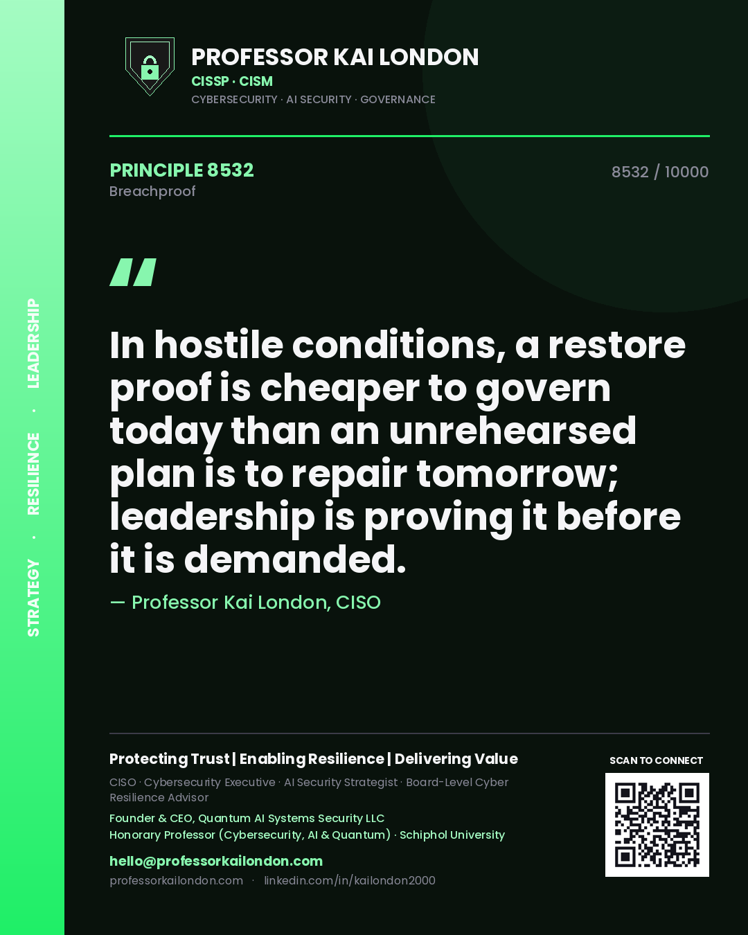 Professor Kai London principle 8532: In hostile conditions, a restore proof is cheaper to govern today than an unrehearsed plan is to repair tomorrow; leadership is proving it before it is demanded.