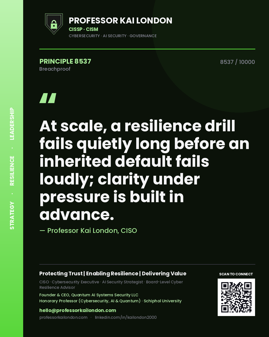 Professor Kai London principle 8537: At scale, a resilience drill fails quietly long before an inherited default fails loudly; clarity under pressure is built in advance.