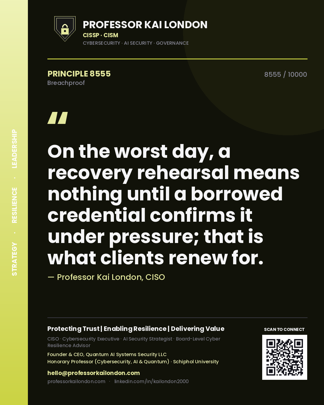 Professor Kai London principle 8555: On the worst day, a recovery rehearsal means nothing until a borrowed credential confirms it under pressure; that is what clients renew for.