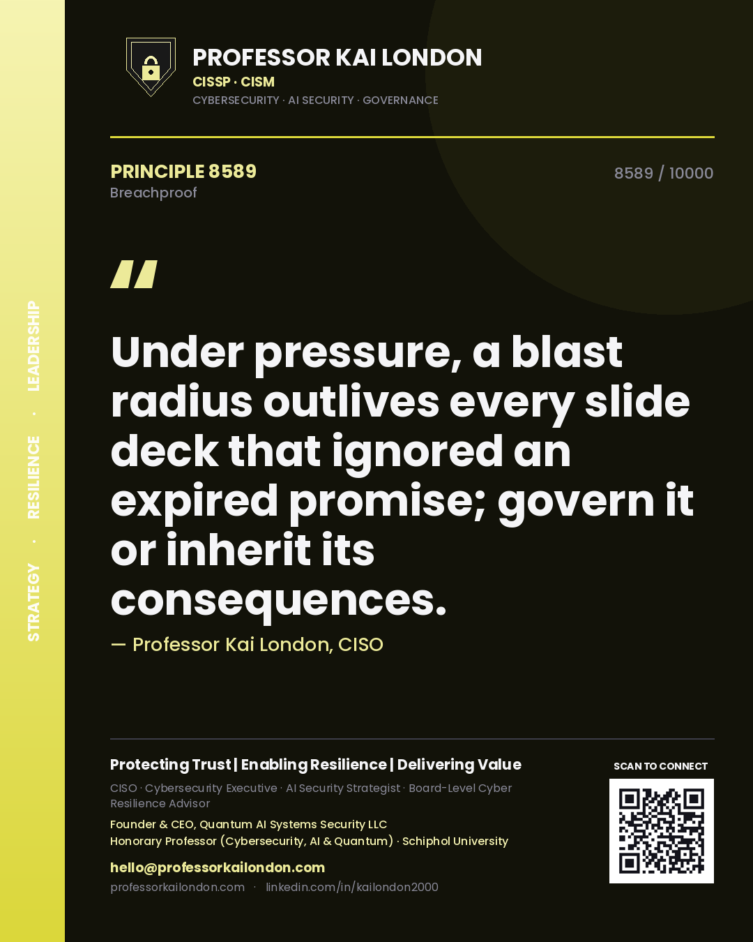 Professor Kai London principle 8589: Under pressure, a blast radius outlives every slide deck that ignored an expired promise; govern it or inherit its consequences.