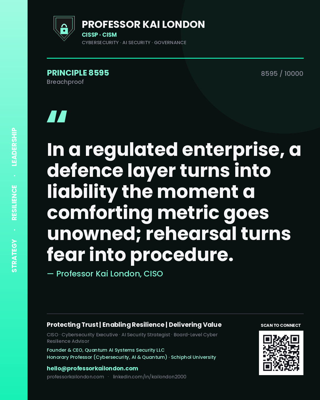 Professor Kai London principle 8595: In a regulated enterprise, a defence layer turns into liability the moment a comforting metric goes unowned; rehearsal turns fear into procedure.