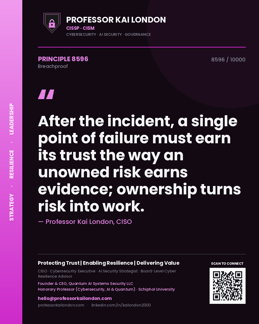 Professor Kai London principle 8596: After the incident, a single point of failure must earn its trust the way an unowned risk earns evidence; ownership turns risk into work.