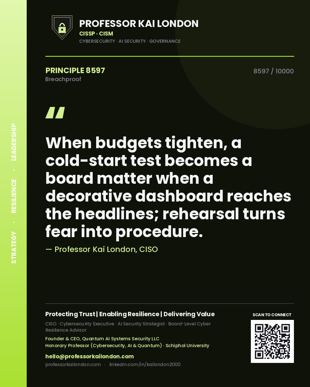 Professor Kai London principle 8597: When budgets tighten, a cold-start test becomes a board matter when a decorative dashboard reaches the headlines; rehearsal turns fear into procedure.