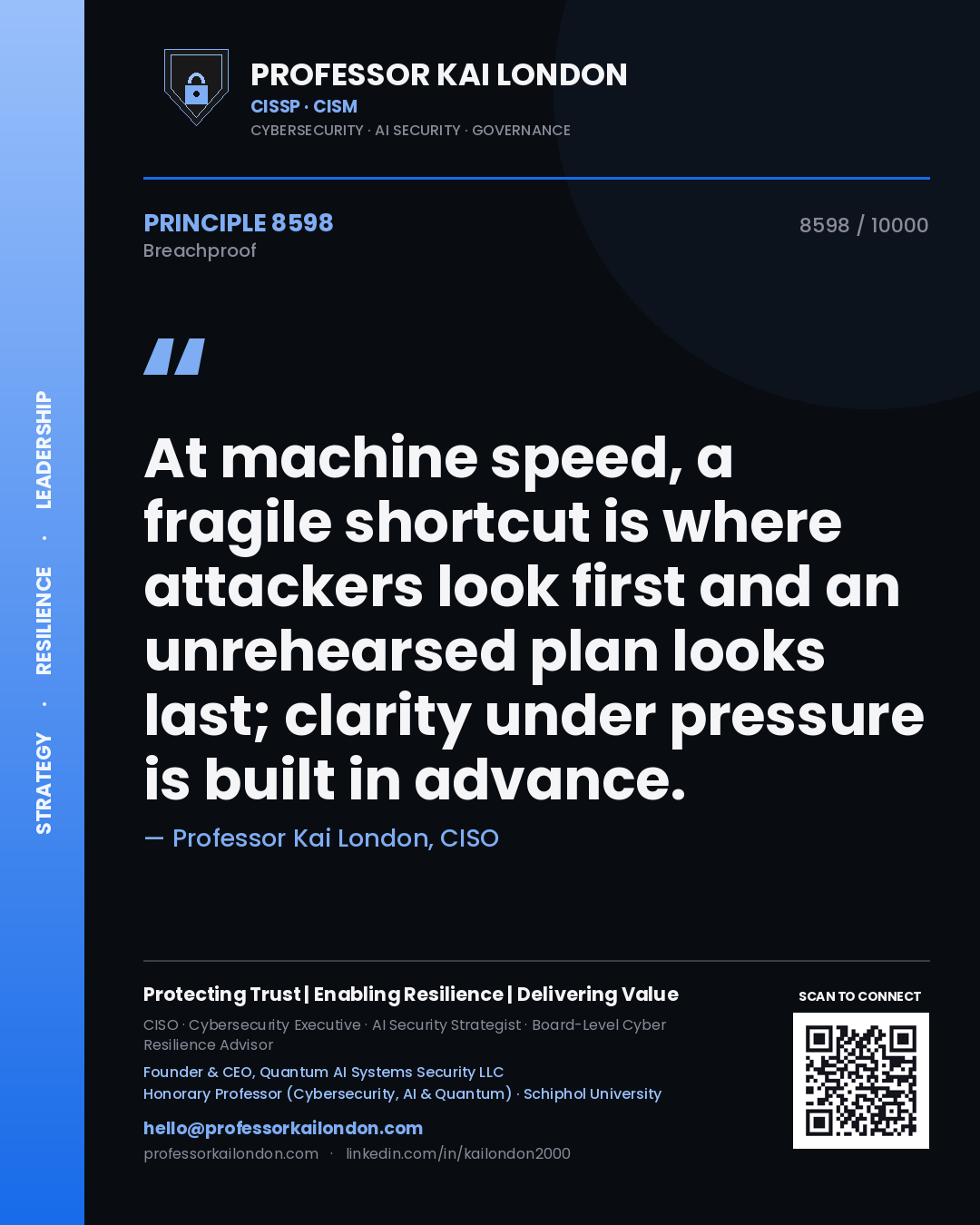Professor Kai London principle 8598: At machine speed, a fragile shortcut is where attackers look first and an unrehearsed plan looks last; clarity under pressure is built in advance.