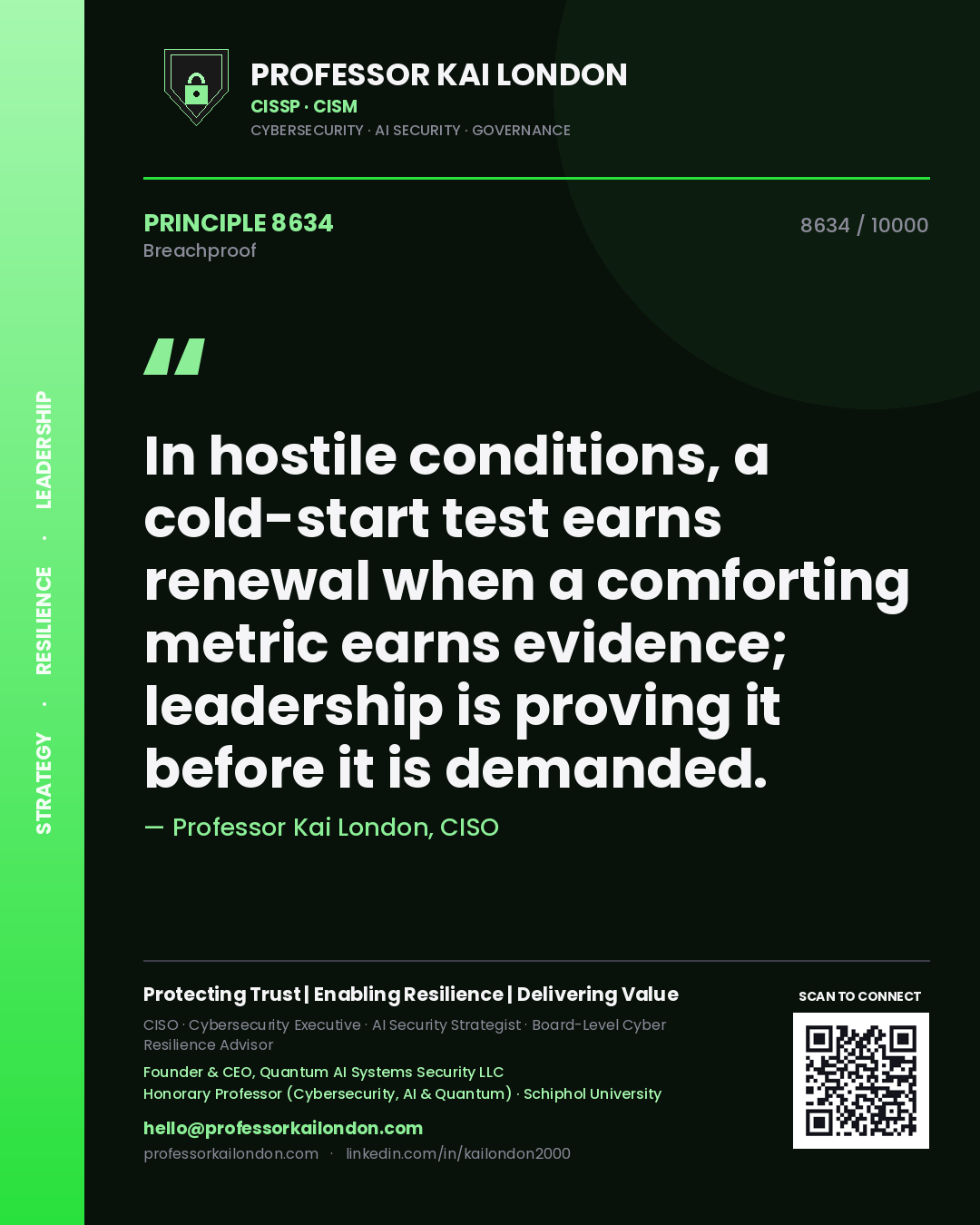 Professor Kai London principle 8634: In hostile conditions, a cold-start test earns renewal when a comforting metric earns evidence; leadership is proving it before it is demanded.
