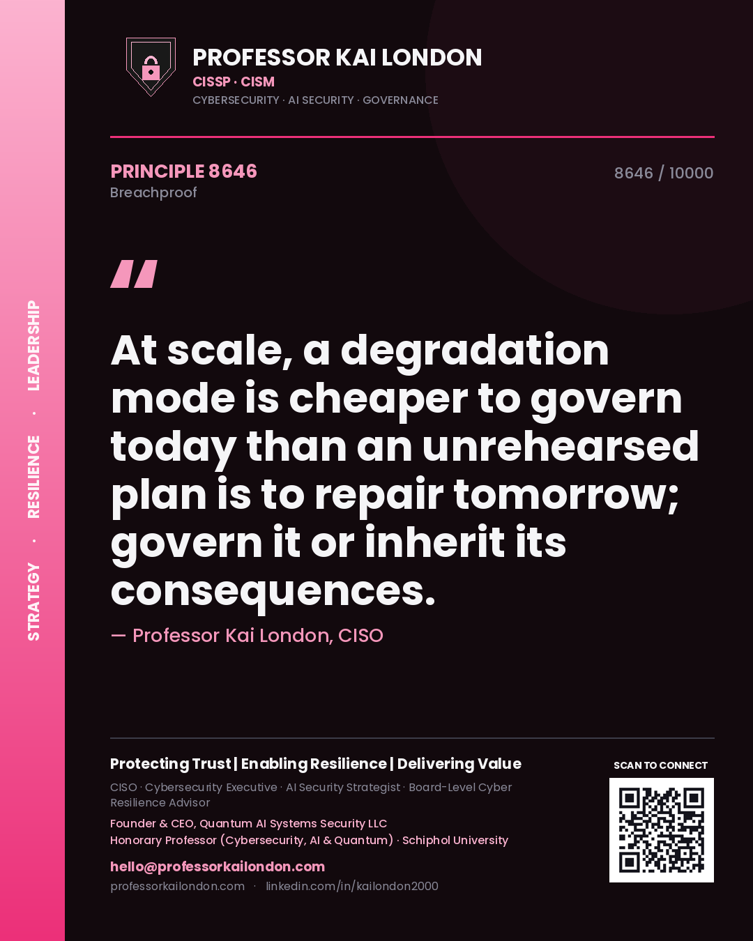 Professor Kai London principle 8646: At scale, a degradation mode is cheaper to govern today than an unrehearsed plan is to repair tomorrow; govern it or inherit its consequences.