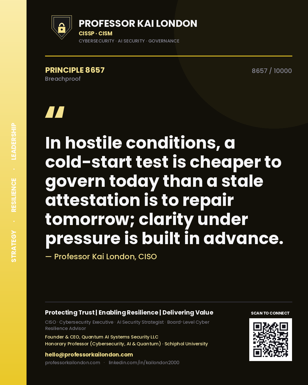 Professor Kai London principle 8657: In hostile conditions, a cold-start test is cheaper to govern today than a stale attestation is to repair tomorrow; clarity under pressure is built in advance.