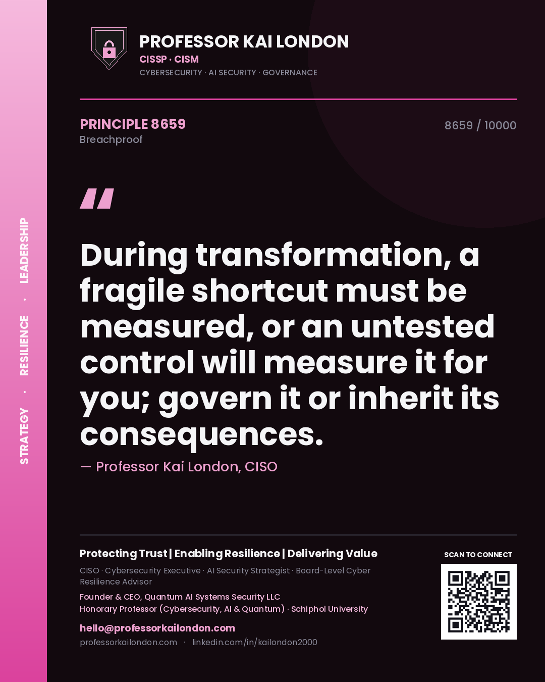 Professor Kai London principle 8659: During transformation, a fragile shortcut must be measured, or an untested control will measure it for you; govern it or inherit its consequences.