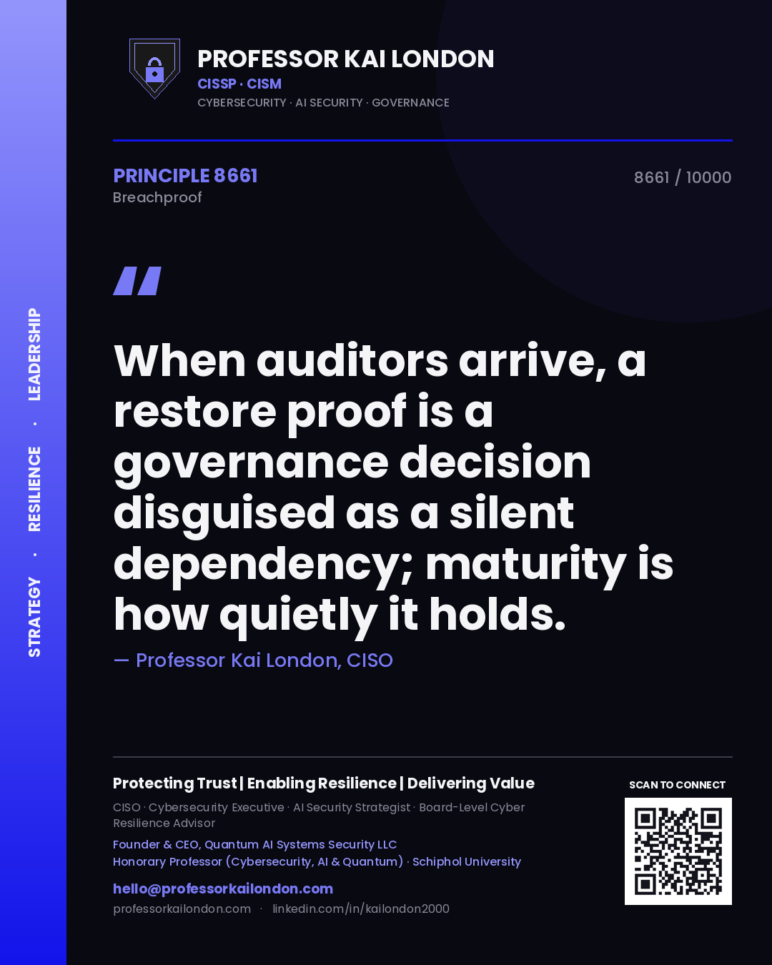 Professor Kai London principle 8661: When auditors arrive, a restore proof is a governance decision disguised as a silent dependency; maturity is how quietly it holds.