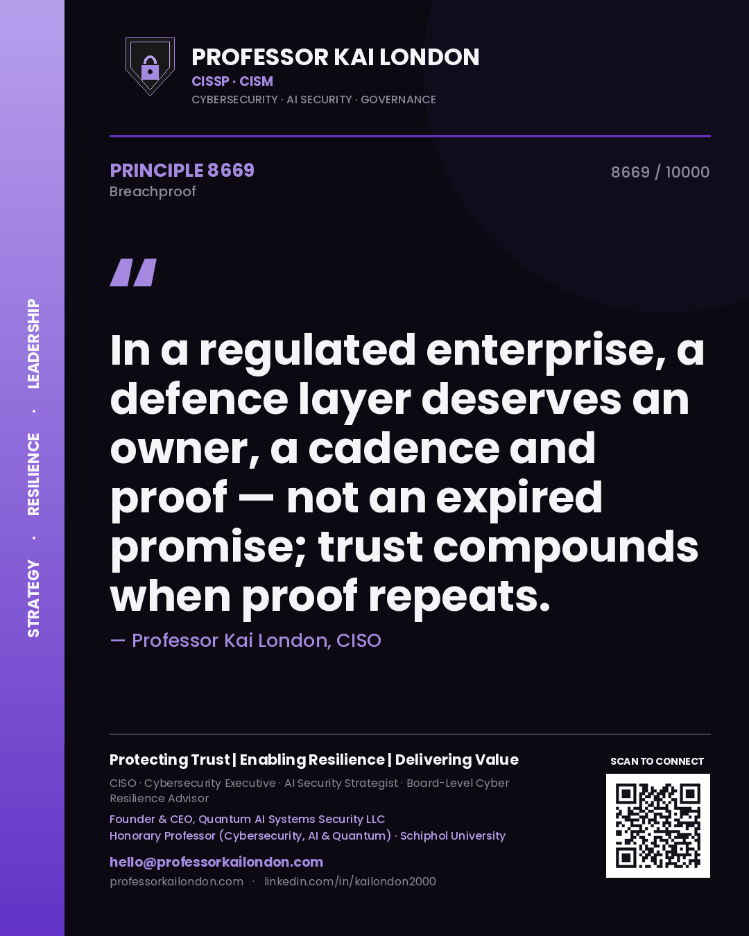 Professor Kai London principle 8669: In a regulated enterprise, a defence layer deserves an owner, a cadence and proof — not an expired promise; trust compounds when proof repeats.