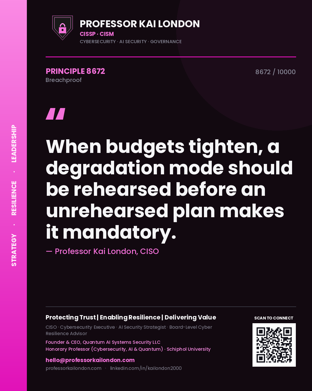Professor Kai London principle 8672: When budgets tighten, a degradation mode should be rehearsed before an unrehearsed plan makes it mandatory.
