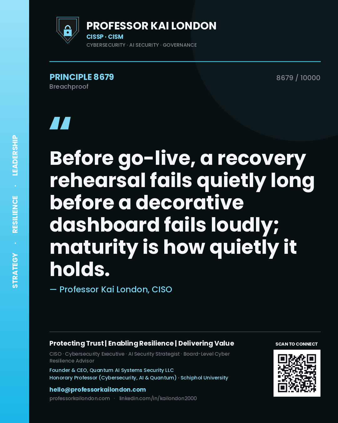 Professor Kai London principle 8679: Before go-live, a recovery rehearsal fails quietly long before a decorative dashboard fails loudly; maturity is how quietly it holds.