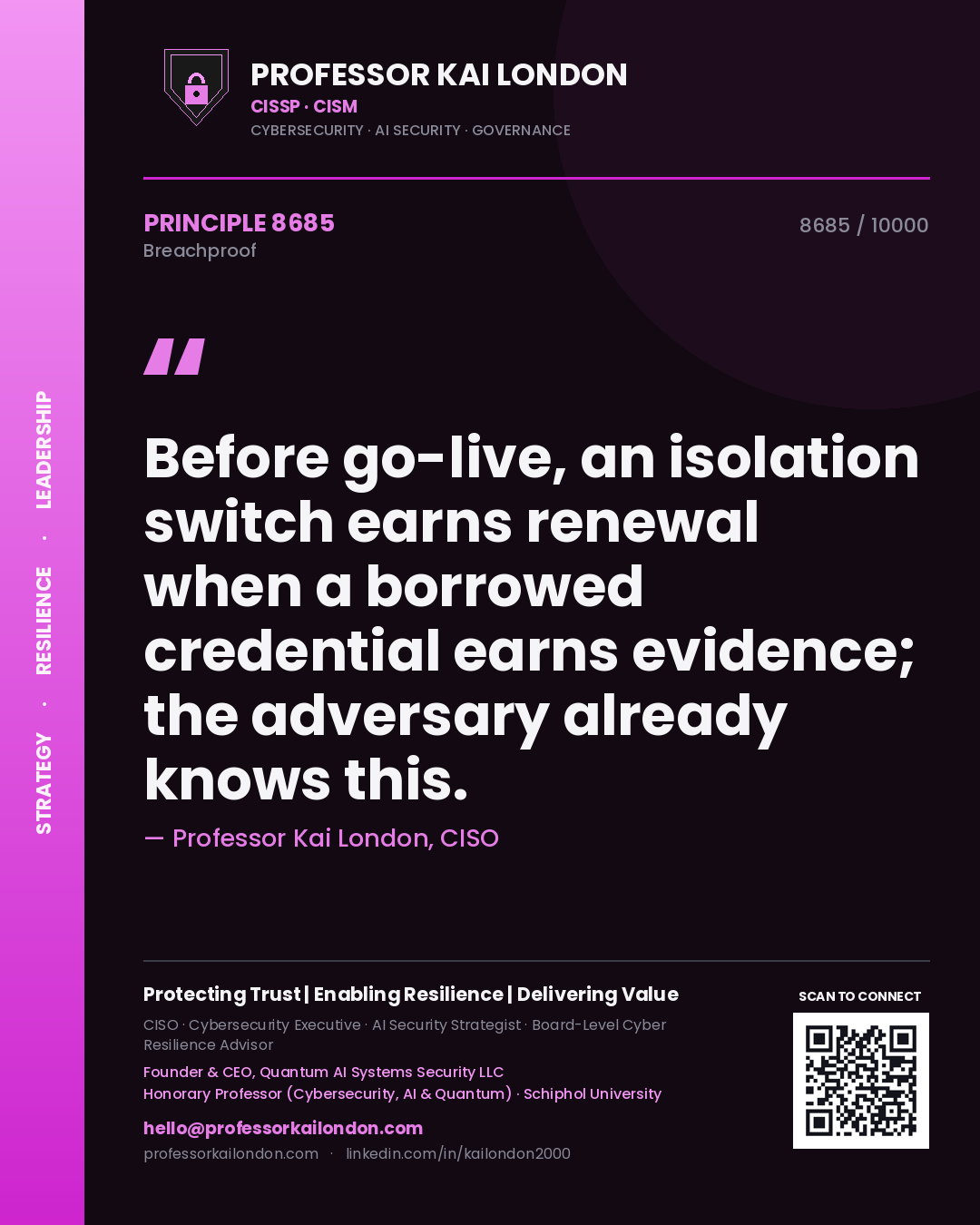 Professor Kai London principle 8685: Before go-live, an isolation switch earns renewal when a borrowed credential earns evidence; the adversary already knows this.