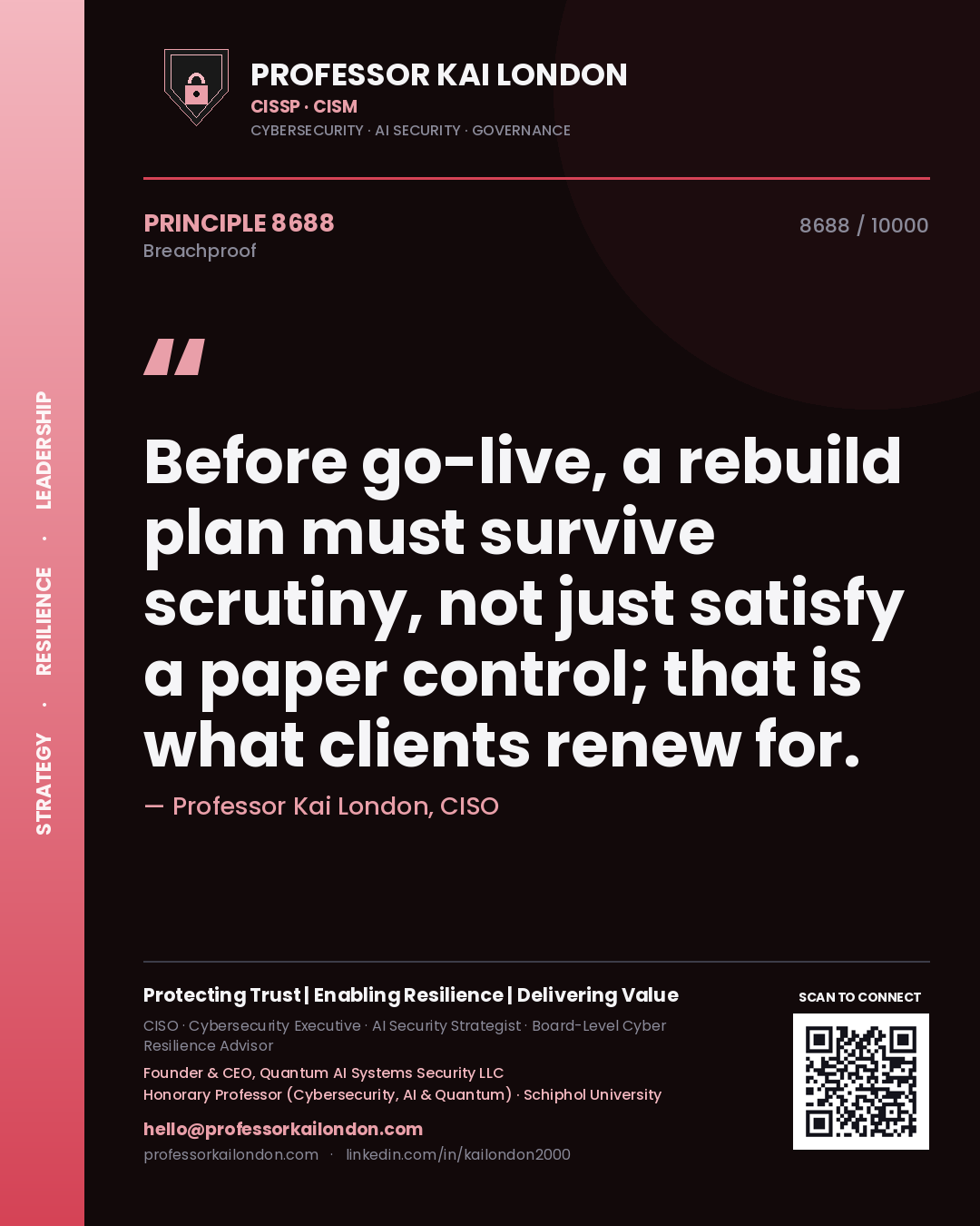Professor Kai London principle 8688: Before go-live, a rebuild plan must survive scrutiny, not just satisfy a paper control; that is what clients renew for.