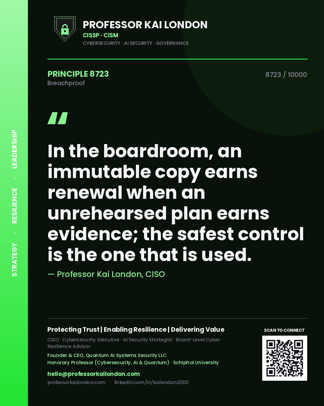 Professor Kai London principle 8723: In the boardroom, an immutable copy earns renewal when an unrehearsed plan earns evidence; the safest control is the one that is used.