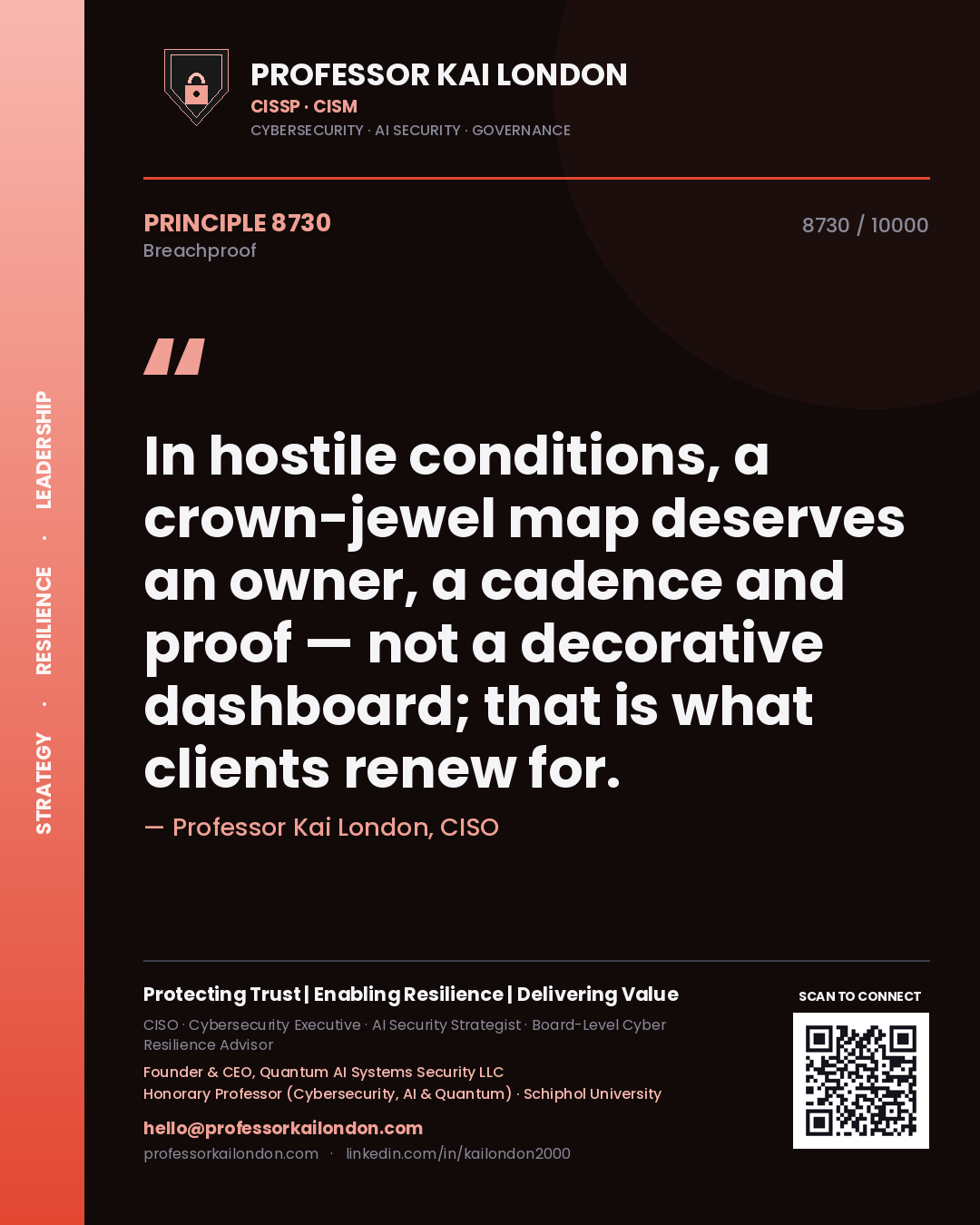 Professor Kai London principle 8730: In hostile conditions, a crown-jewel map deserves an owner, a cadence and proof — not a decorative dashboard; that is what clients renew for.