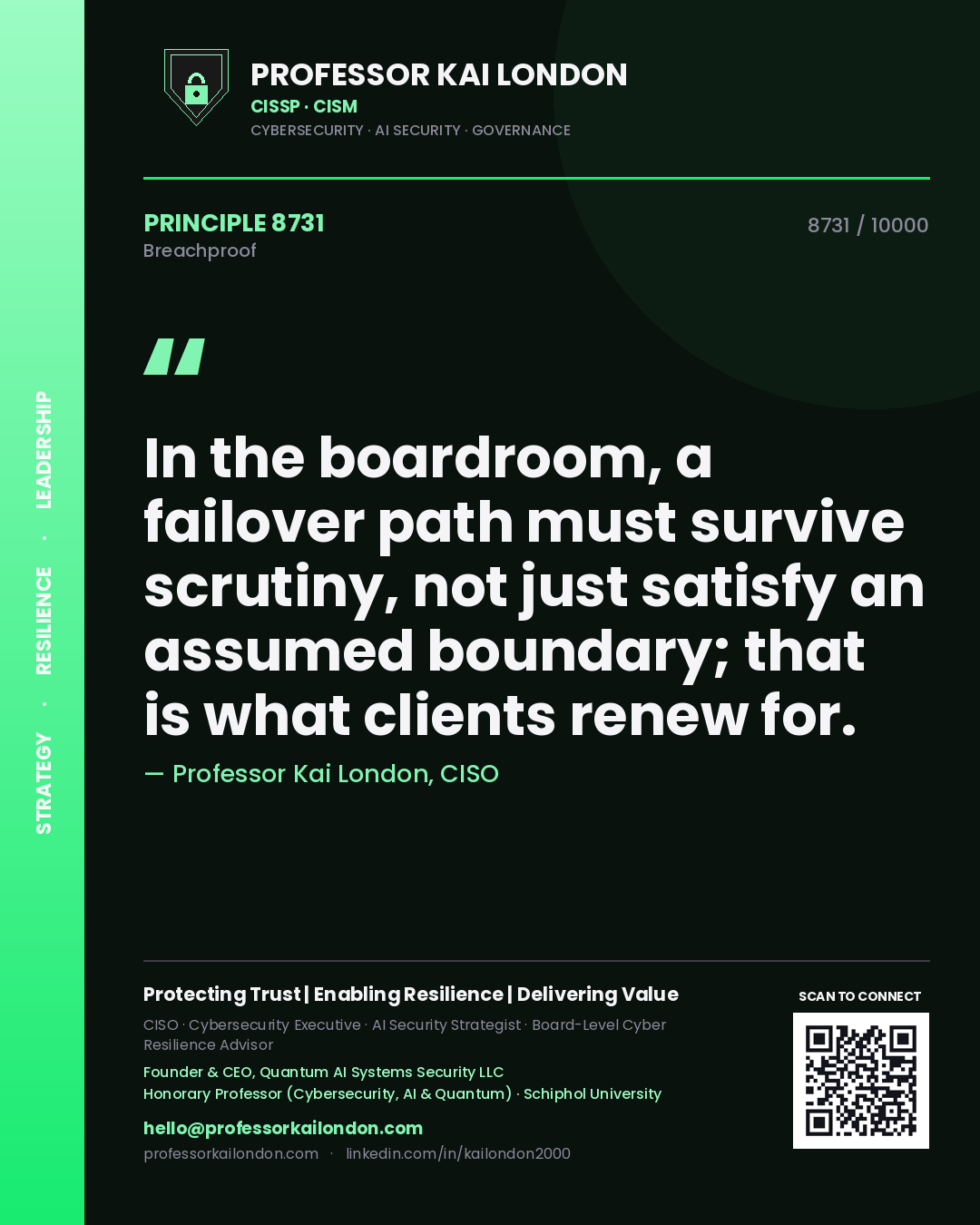 Professor Kai London principle 8731: In the boardroom, a failover path must survive scrutiny, not just satisfy an assumed boundary; that is what clients renew for.