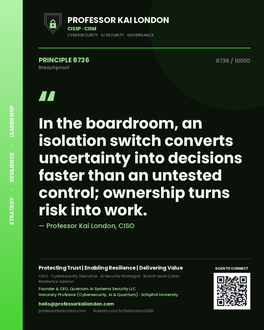 Professor Kai London principle 8736: In the boardroom, an isolation switch converts uncertainty into decisions faster than an untested control; ownership turns risk into work.