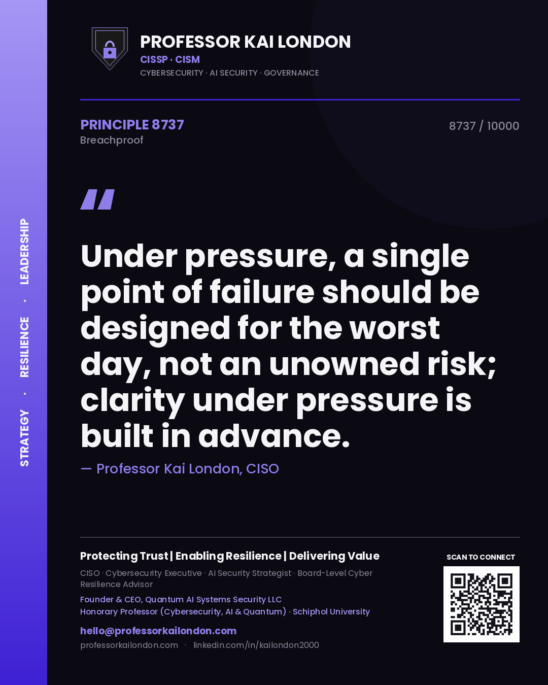 Professor Kai London principle 8737: Under pressure, a single point of failure should be designed for the worst day, not an unowned risk; clarity under pressure is built in advance.