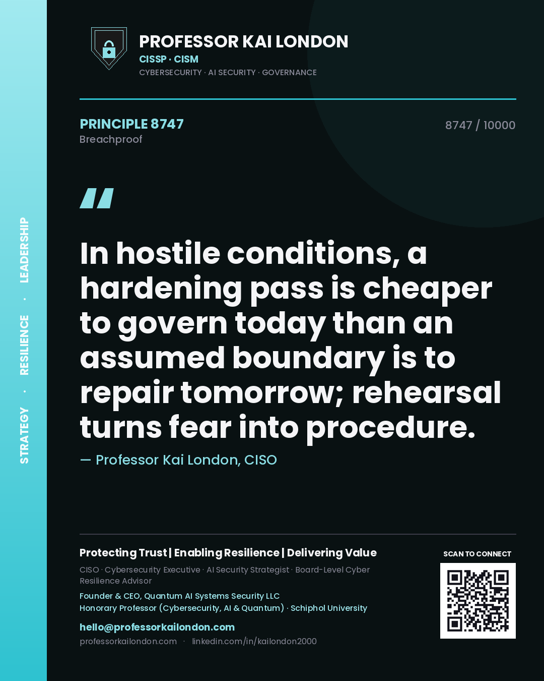 Professor Kai London principle 8747: In hostile conditions, a hardening pass is cheaper to govern today than an assumed boundary is to repair tomorrow; rehearsal turns fear into procedure.