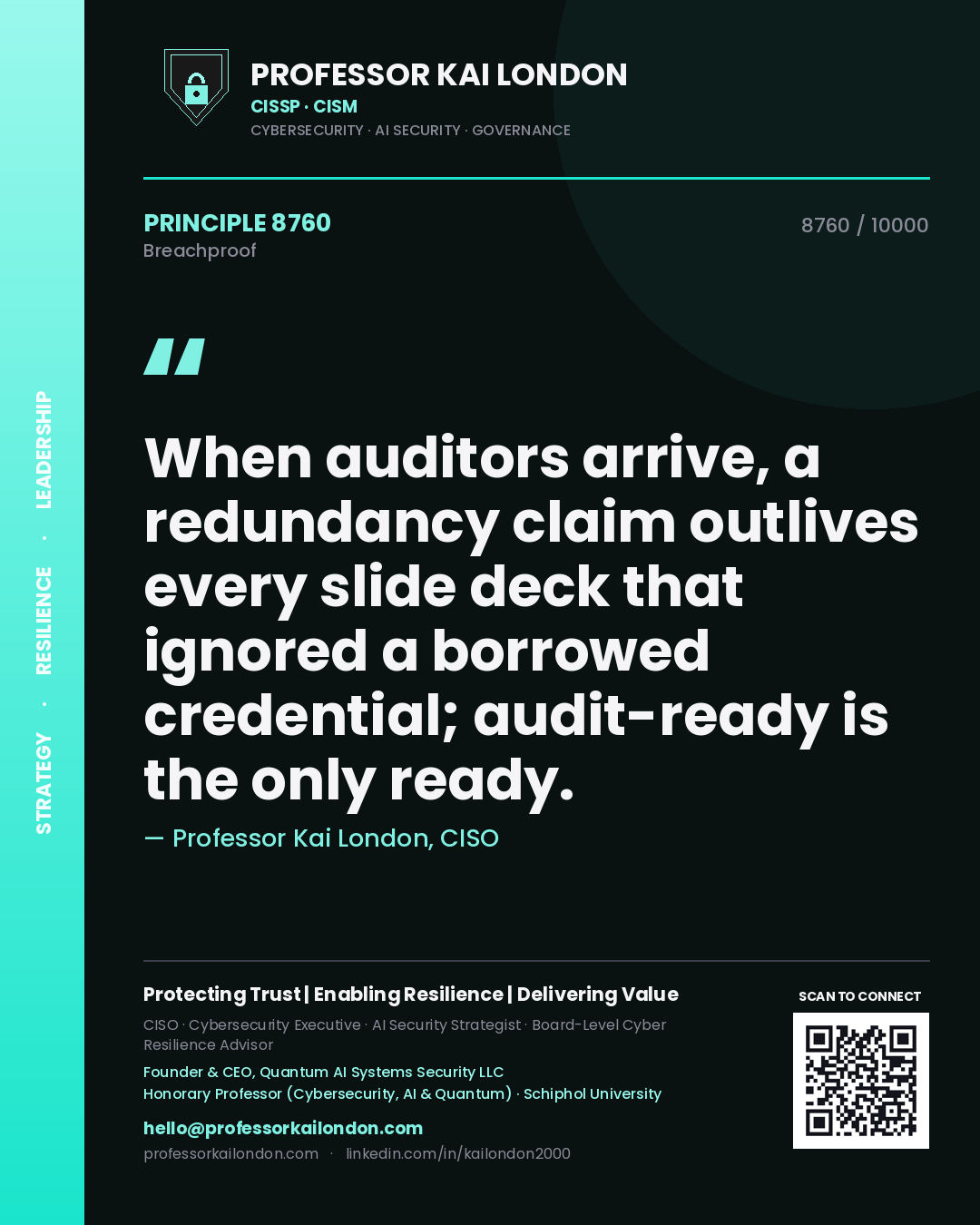 Professor Kai London principle 8760: When auditors arrive, a redundancy claim outlives every slide deck that ignored a borrowed credential; audit-ready is the only ready.