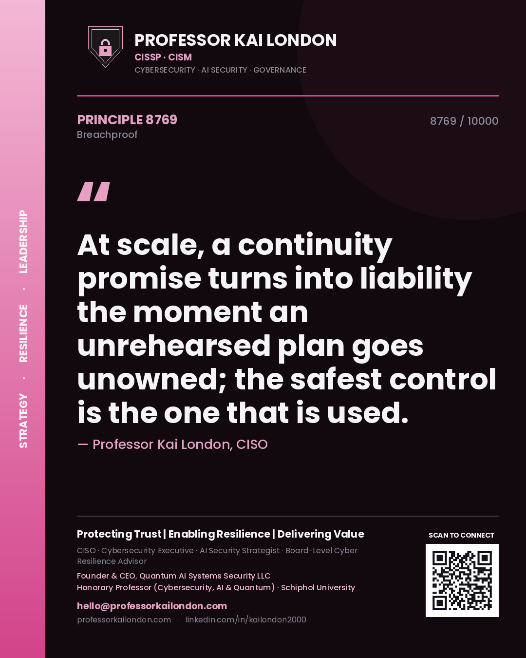 Professor Kai London principle 8769: At scale, a continuity promise turns into liability the moment an unrehearsed plan goes unowned; the safest control is the one that is used.